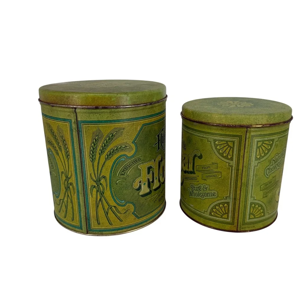 Vintage Ballonoff Flour Sugar Tin Canister Set Green Retro Farmhouse 2 Piece USA